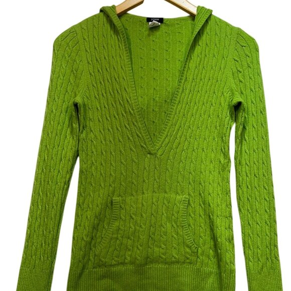 J. Crew Women's Deep V Neck Wool Pullover Hooded Sweater Cable Knit Size S Green - Picture 1 of 11